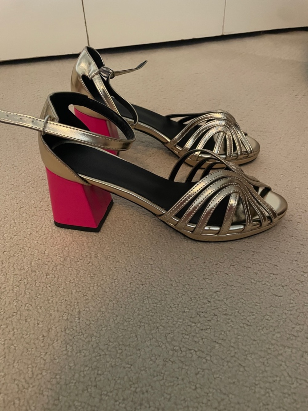 Metallic Strappy Block Heel Sandals in Gold and Pink